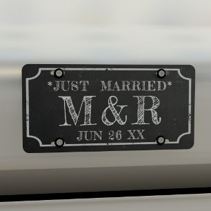 Rustic Just Married Newlyweds Black License Plate