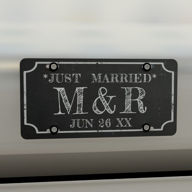 Rustic Just Married Newlyweds Black License Plate (A rustic chalkboard vibe Just Married license plate. Just add your initials and wedding date)