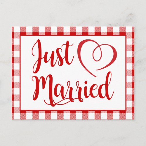 Rustic Just Married Red Gingham Checks Wedding Announcement Postcard