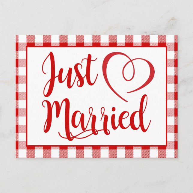 Rustic Just Married Red Gingham Checks Wedding Announcement Postcard (Front)