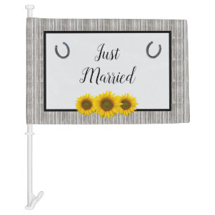 Rustic Just Married Yellow Sunflower Wedding Car Flag