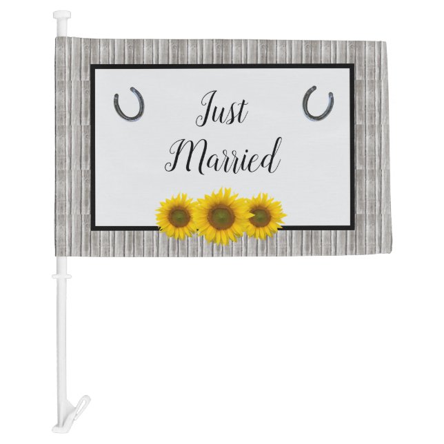 Rustic Just Married Yellow Sunflower Wedding Car Flag (Front)