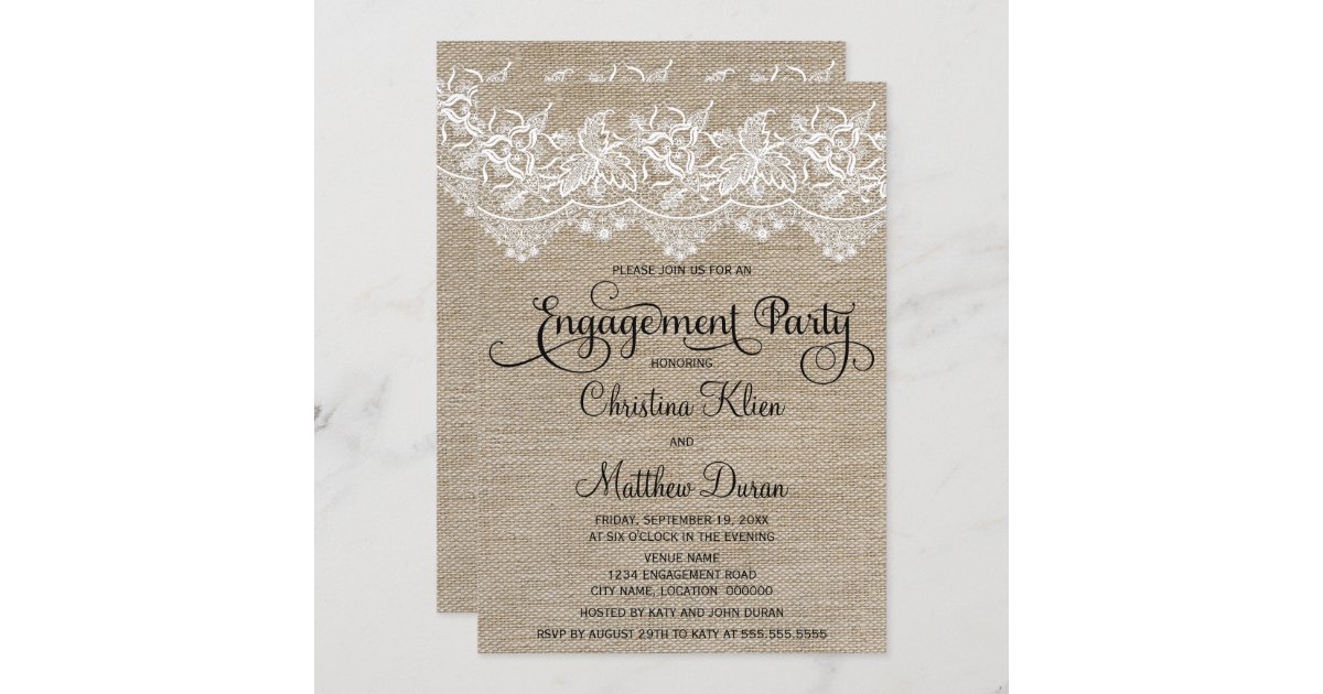 Rustic Jute and Lace Engagement Party Invitation | Zazzle