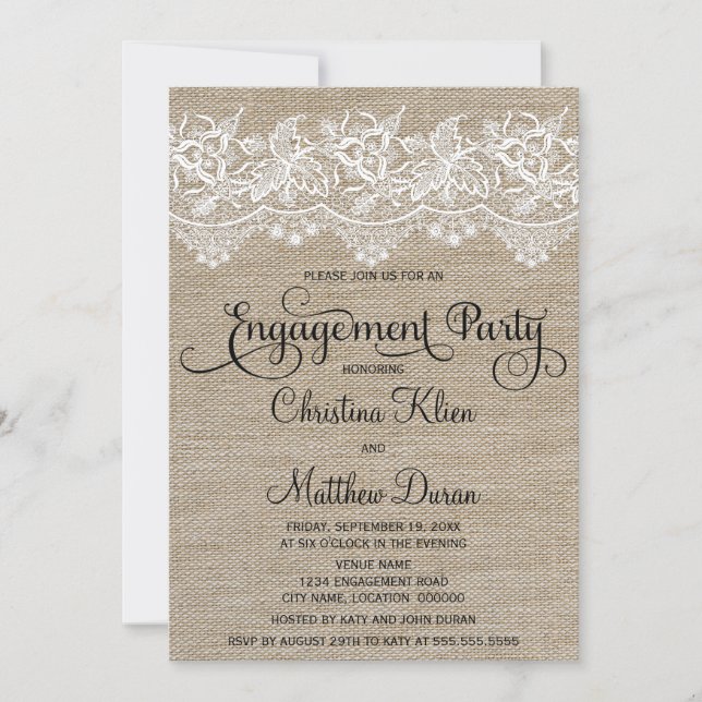 Rustic Jute and Lace Engagement Party Invitation (Front)