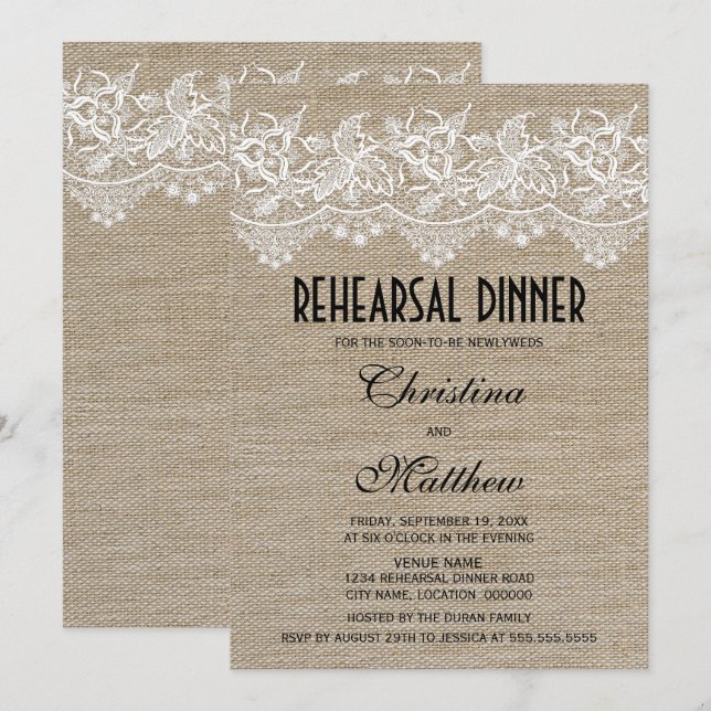 Rustic Jute and Lace Rehearsal Dinner Invitation (Front/Back)