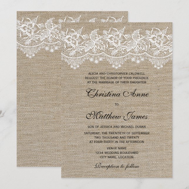 Rustic Jute and Lace Wedding Invitation (Front/Back)