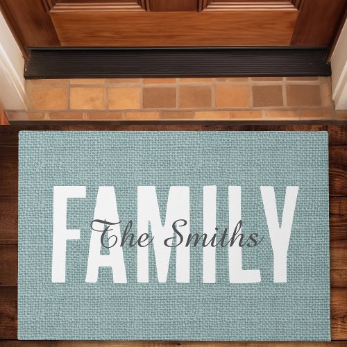 Rustic Jute Blue Burlap Family Monogram Doormat