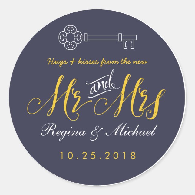 Rustic Key Script Mr and Mrs Wedding Favor Sticker (Front)