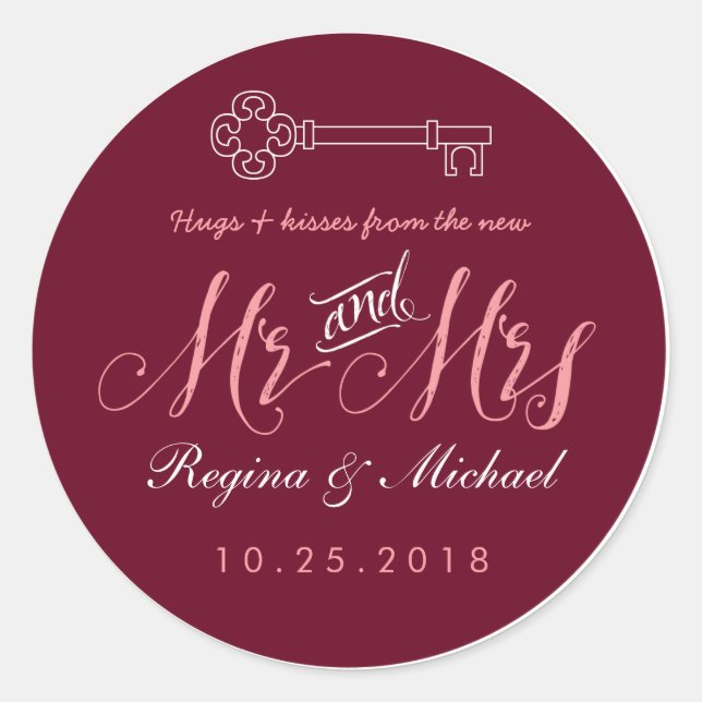 Rustic Key Script Mr Mrs Wedding Favor Sticker (Front)