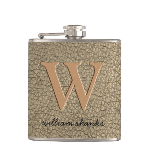 Rustic khaki faux leather monogram name boss flask