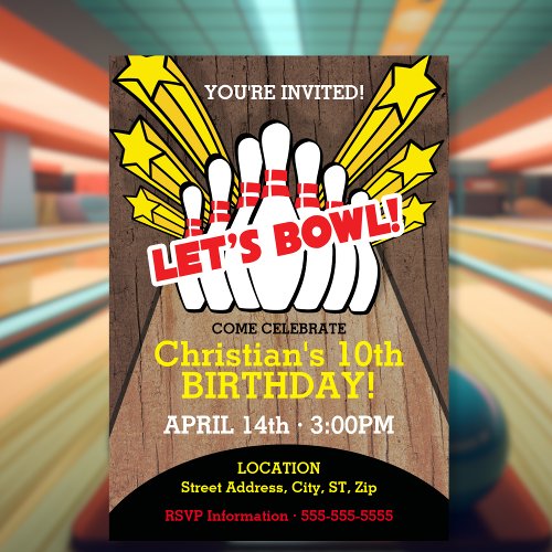 Rustic Kids Bowling Birthday with Pins Invitation