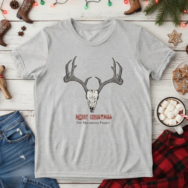 Rustic Kid's Deer Head Reindeer Skull Antlers Tri-Blend Shirt (Country Kids Merry Christmas T-Shirt. Modern Country Reindeer Skull & Antlers Illustration)