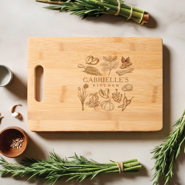 Rustic Kitchen Herb & Spices Personalized Engraved Cutting Board (Rustic Kitchen Herb & Spices Personalized Engraved Cutting Board)