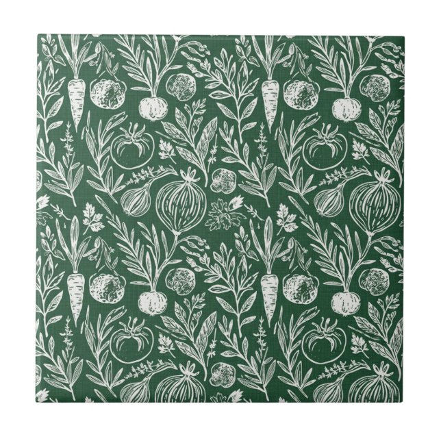 Rustic Kitchen Herbs Gold Forest Green Decor Ceramic Tile (Front)