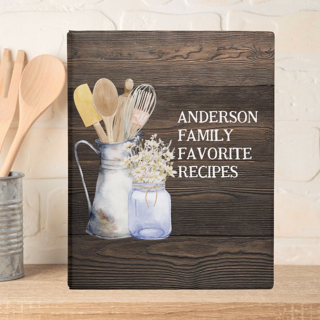 Rustic Kitchen Utensil Flower Brown Wooden Recipe Mini Binder (In situ)