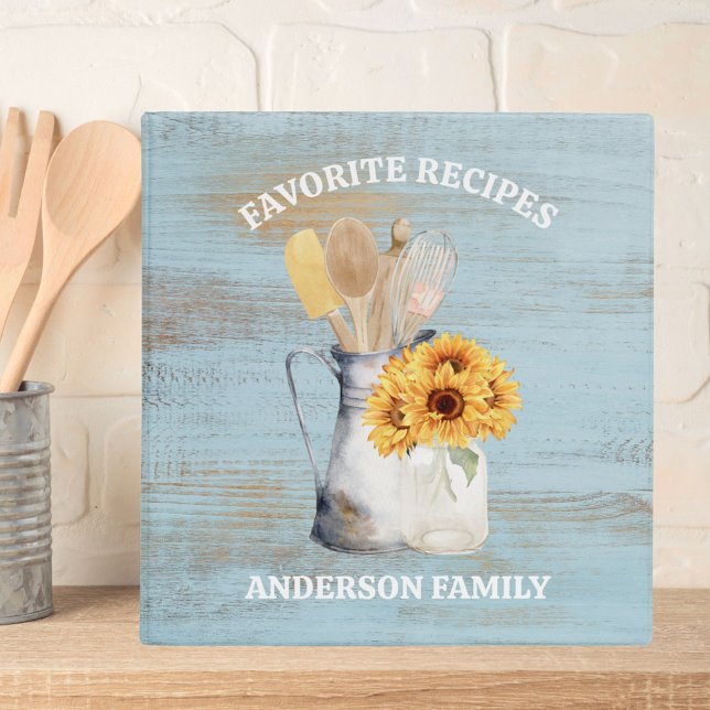Rustic Kitchen Utensil Sunflower Blue Wood Recipe 3 Ring Binder (In situ)