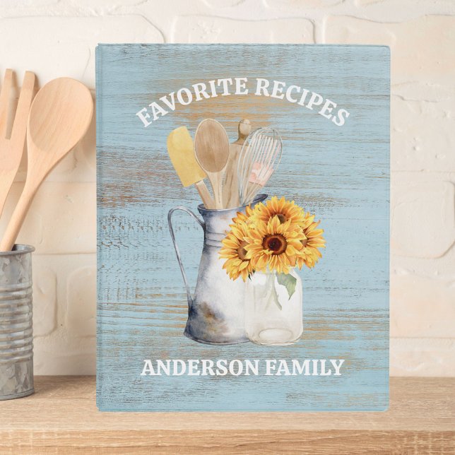 Rustic Kitchen Utensil Sunflower Blue Wood Recipe Mini Binder (In situ)