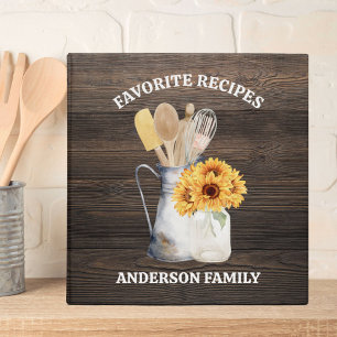 Rustic Kitchen Utensil Sunflower Brown Wood Recipe 3 Ring Binder