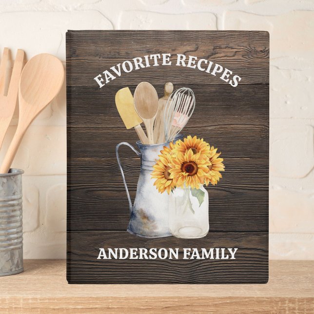 Rustic Kitchen Utensil Sunflower Brown Wood Recipe Mini Binder (In situ)