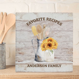 Rustic Kitchen Utensil Sunflower White Wood Recipe 3 Ring Binder