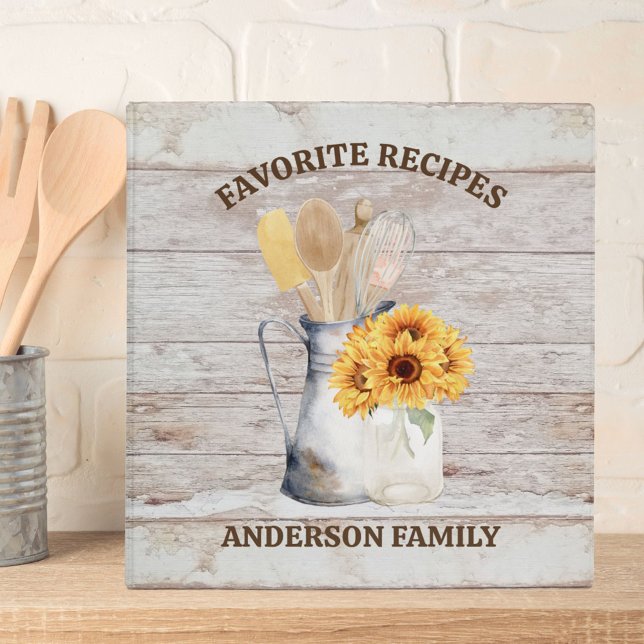Rustic Kitchen Utensil Sunflower White Wood Recipe 3 Ring Binder (In situ)