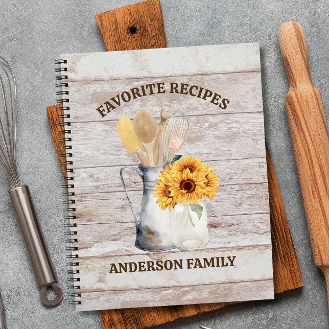 Rustic Kitchen Utensil Sunflower White Wood Recipe Notebook (In situ)