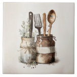 Rustic Kitchen Utensils Watercolors Ceramic Tile<br><div class="desc">Rustic country farmhouse watercolor utensils were used to create this perfect ceramic tile.  Mix and match with other companion tiles to create your own customized look.  Faux stone color companion tiles are also available to create your pattern.</div>