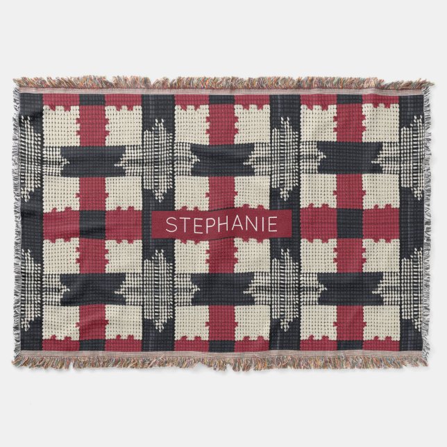 Rustic Knit Snowflake Plaid - Cozy Winter Boho Throw Blanket (Front)