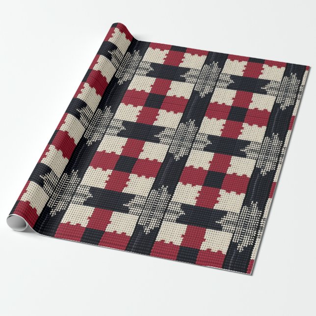 Rustic Knit Snowflake Plaid - Cozy Winter Boho Wrapping Paper (Unrolled)