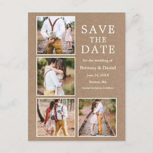 Rustic Kraft 4 Photo Engagement Save the Date Postcard