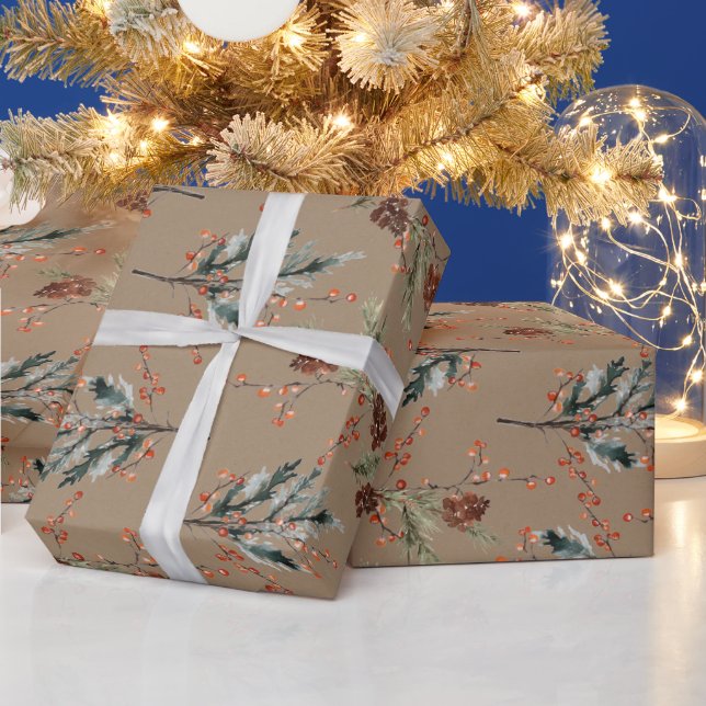 Rustic Kraft All Winter Spruce Cones Ilex Berries Wrapping Paper (Holidays)