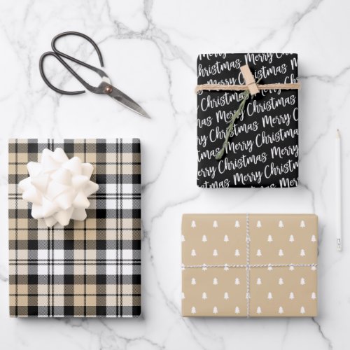 Rustic Kraft and Black Watch Plaid Merry Christmas Wrapping Paper Sheets