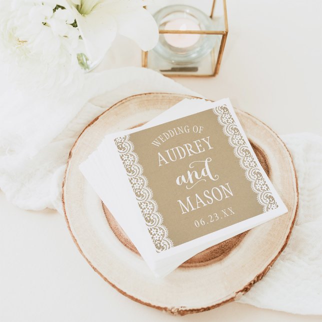 Rustic Kraft and Lace Monogram Wedding Paper Napkins (Creator Uploaded)