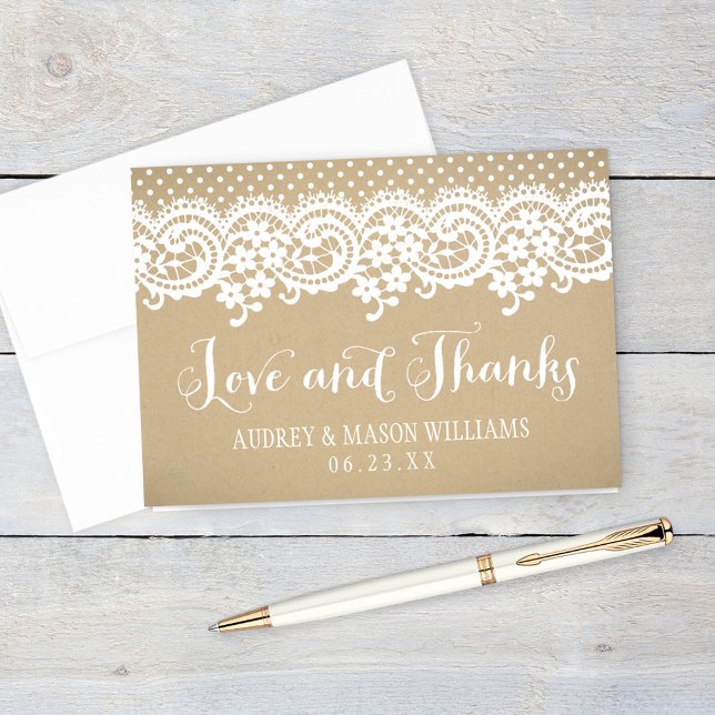 Rustic Kraft and Lace Wedding Love and Thanks Thank You Card (Creator Uploaded)