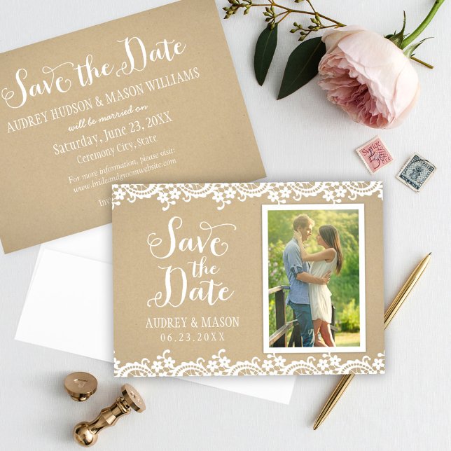 Rustic Kraft and Lace Wedding Photo Save The Date (Creator Uploaded)