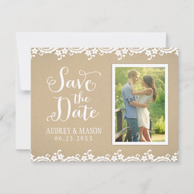 Rustic Kraft and Lace Wedding Photo Save The Date (Front)