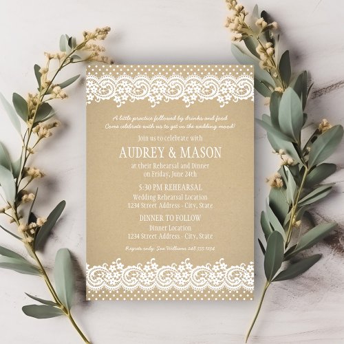 Rustic Kraft and Lace Wedding Rehearsal and Dinner Invitation