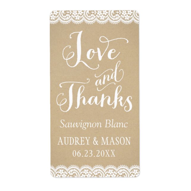 Rustic Kraft and Lace Wedding Wine Favor Label (Front)