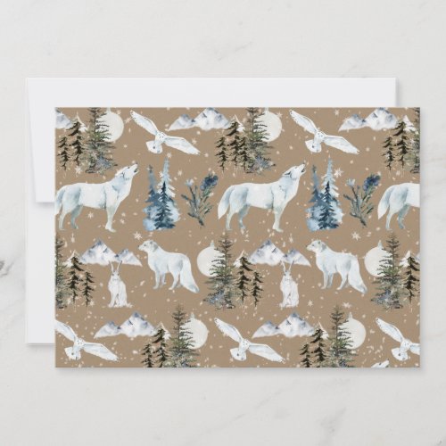 Rustic Kraft Arctic Hare Wolf Fox Snowy Owl Blank Invitation