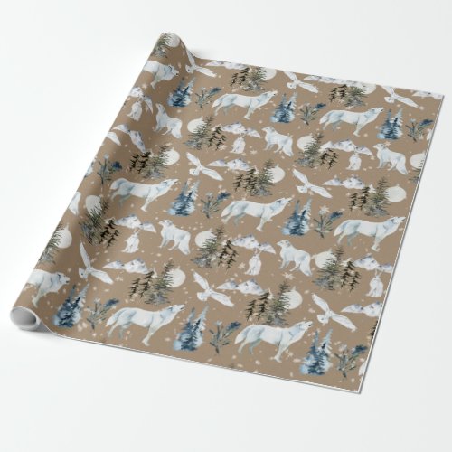 Rustic Kraft Arctic Hare Wolf Fox Snowy Owl Wrappi Wrapping Paper
