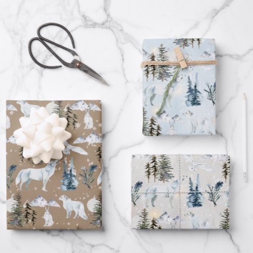 Rustic Kraft Arctic Hare Wolf Fox Snowy Owl Wrapping Paper Sheets