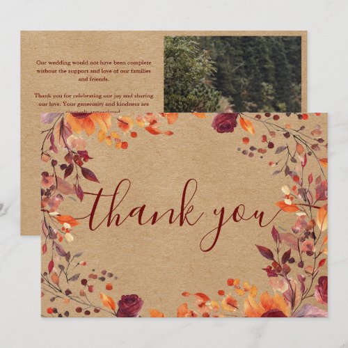 Rustic Kraft Autumn Fall Floral Wedding Photo Thank You Card
