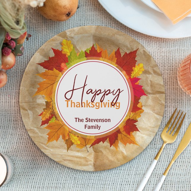Rustic Kraft Autumn Leaves Family Thanksgiving Paper Plates (Creator Uploaded)