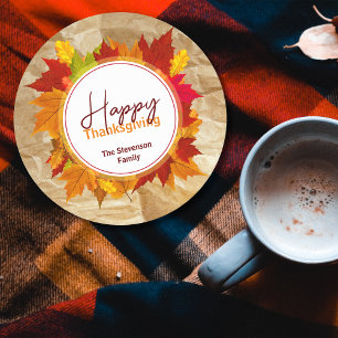 Rustic Kraft Autumn Leaves Thanksgiving Party Round Paper Coaster