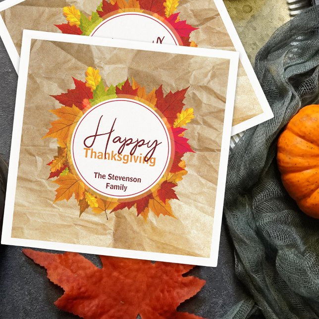 Rustic Kraft Autumn Maple Leaf Family Thanksgiving Napkins (Creator Uploaded)