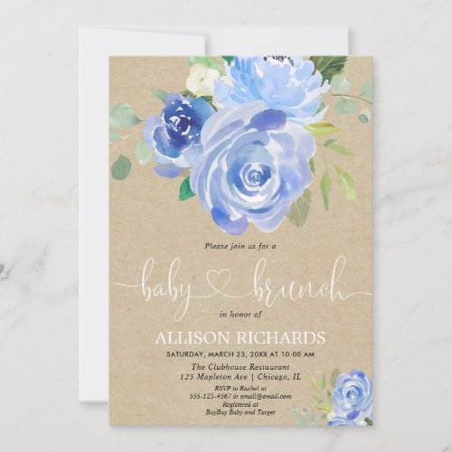 Rustic kraft Baby brunch boy shower blue floral Invitation