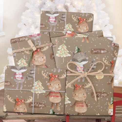 Rustic Kraft Baby First Christmas Animals Add Name Wrapping Paper Sheets