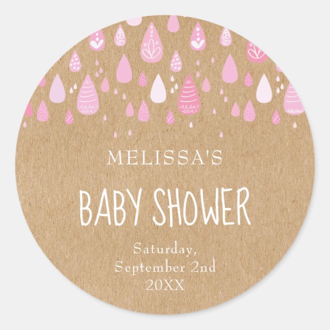 Rustic kraft baby pink raindrops baby shower classic round sticker (Front)