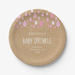 Rustic kraft baby pink raindrops baby sprinkle paper plates