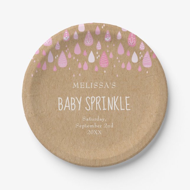Rustic kraft baby pink raindrops baby sprinkle paper plates (Front)